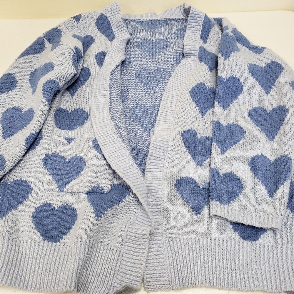 Shein Womens Hearts Blue Cardigan Sweater Knit Size Small - Picture 6 of 6